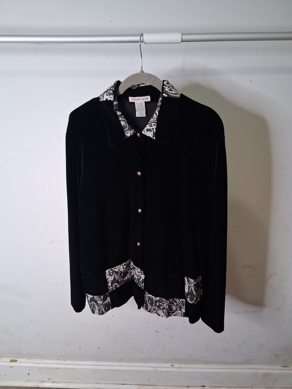 Vintage Notations Black Jacket with Black-and-White Paisley Trim